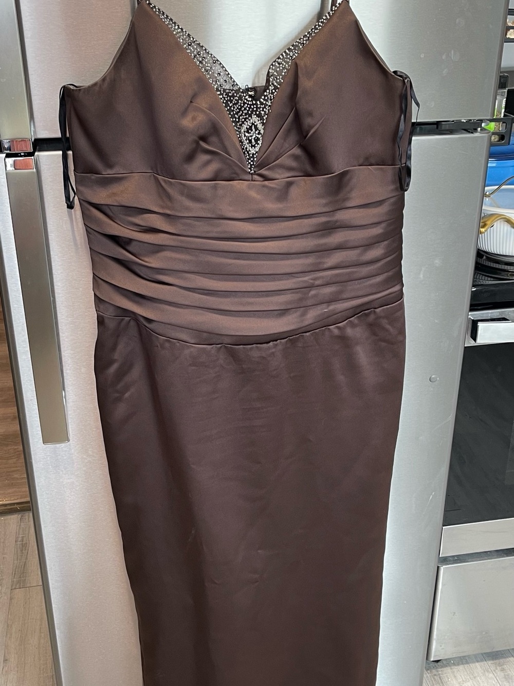 Strapless Chocolate Brown Satin Evening Dress with Embellished V-Neck
